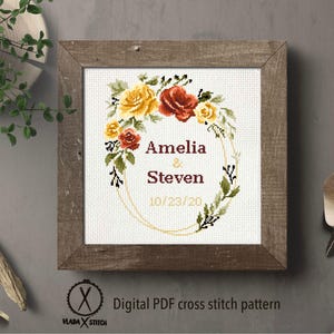 Wedding cross stitch pattern, personalized, customized, floral, wreath, counted, love, anniversary, wedding gift DIY, digital PDF