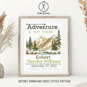 Baby Birth Announcement Cross Stitch Pattern, Mountain Adventure Nursery (Digital PDF)