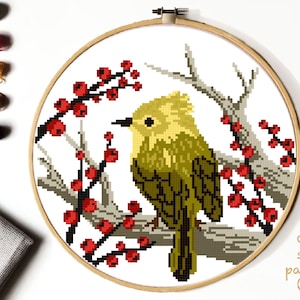 Bird Modern Cross Stitch Pattern, easy counted cross stitch chart, animal cross stitch, Flowers, nature, hoop art, instant download PDF