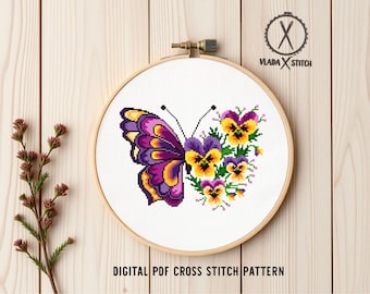 Floral butterfly Cross Stitch Pattern, flower counted chart, nature, hoop embroidery, Instant download PDF