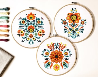 Folk Floral Cross Stitch Pattern, Modern Embroidery (Instant Download PDF)