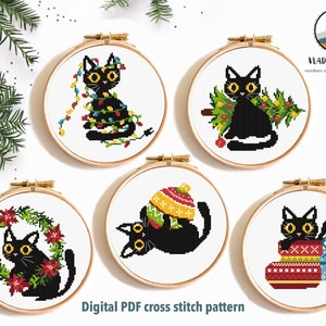 Set of 5 Christmas cats Modern Cross Stitch Pattern, easy counted cross stitch chart, animal, nature, hoop art, instant download PDF