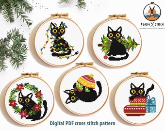 Set of 5 Christmas cats Modern Cross Stitch Pattern, easy counted cross stitch chart, animal, nature, hoop art, instant download PDF