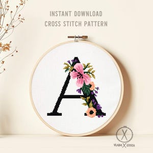 Floral Letter A Modern Cross Stitch Pattern, flower, counted cross stitch chart,  nature, hoop, Instant download PDF