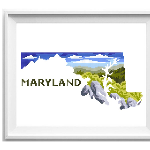 Maryland state  Modern Cross Stitch Pattern, nature counted cross stitch chart, Catocrin Mountain Park, forest, mountains, instant PDF