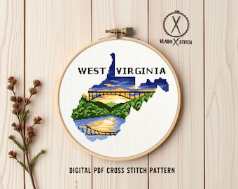 West Virginia Cross Stitch Pattern, Mountain Landscape (PDF Pattern