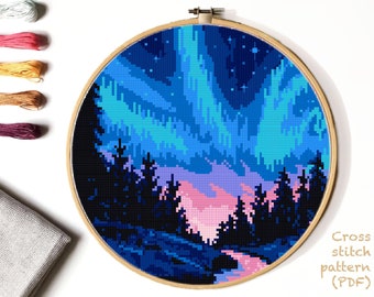 Northern Lights Modern Cross Stitch Pattern, nature counted cross stitch chart, landscape, forest , round, embroidery, INSTANT DOWNLOAD PDF