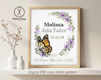 Personalisierte Geburtsankündigung Kreuzstich-Muster, Schmetterling & Blumenkranz, Benutzerdefinierte Baby-Statistiken (PDF-Muster)