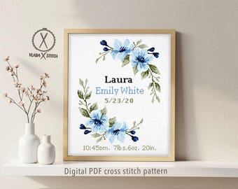 Modern Baby Birth Announcement Cross Stitch Pattern, Blue Floral Nursery Decor (Digital PDF)