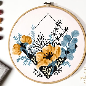 Floral Modern Cross Stitch Pattern, flower counted cross stitch chart, nature,  hoop embroidery, Instant download PDF
