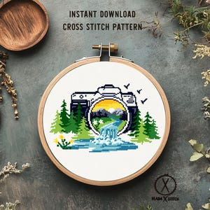Landscape Cross Stitch Pattern, nature, river, sunset,mountain, forest, hoop art, instant download PDF