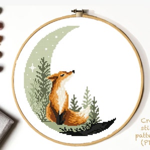 Fox Modern Cross Stitch Pattern, moon, instant download pdf.