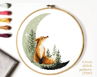 Fox Modern Cross Stitch Pattern, moon, instant download pdf.