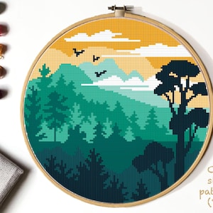 Landscape Modern Cross Stitch Pattern, forest counted cross stitch chart, mountains ,nature cross stitch, hoop art, embroidery, instant PDF