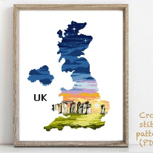 United Kingdom Modern Cross Stitch Pattern, country, nature, Stonehedge, easy counted cross stitch chart, hoop art, instant download PD