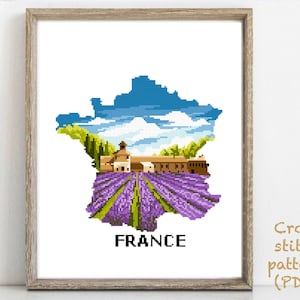 France Modern Cross Stitch Pattern, lavender, nature easy counted cross stitch chart, hoop art, instant download PDF