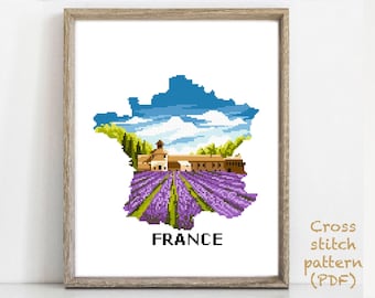France Modern Cross Stitch Pattern, lavender, nature easy counted cross stitch chart, hoop art, instant download PDF