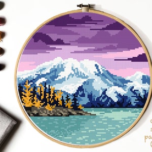 Landscape Modern Cross Stitch Pattern, nature easy counted cross stitch chart, lake,  mountain, forest, hoop art, instant download PDF