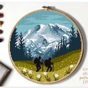Mount Rainier national park Modern Cross Stitch Pattern, nature counted cross stitch chart, mountains, forest, instant PDF