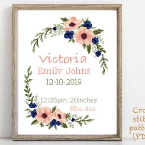 Birth announcement modern cross stitch pattern, baby, personalized, boy girl nursery decor, counted, chart, gift DIY, digital PDF