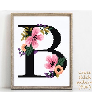 Floral Buchstabe B modernes Kreuzstichmuster, Kreuzstichmuster Blume, Kranz, botanische, Natur, sofort download PDF