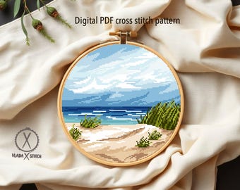Beach Cross Stitch Pattern, Ocean Landscape, Summer Coastal Scene (PDF Pattern Digital Download)