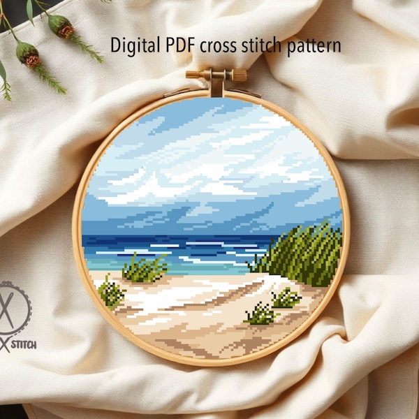 Beach Cross Stitch Pattern, Ocean Landscape, Summer Coastal Scene (PDF Pattern Digital Download)