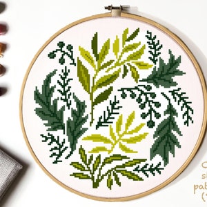 Leaves Modern Cross Stitch Pattern, flower  cross stitch chart, hoop embroidery, nature cross stitch, Instant download PDF