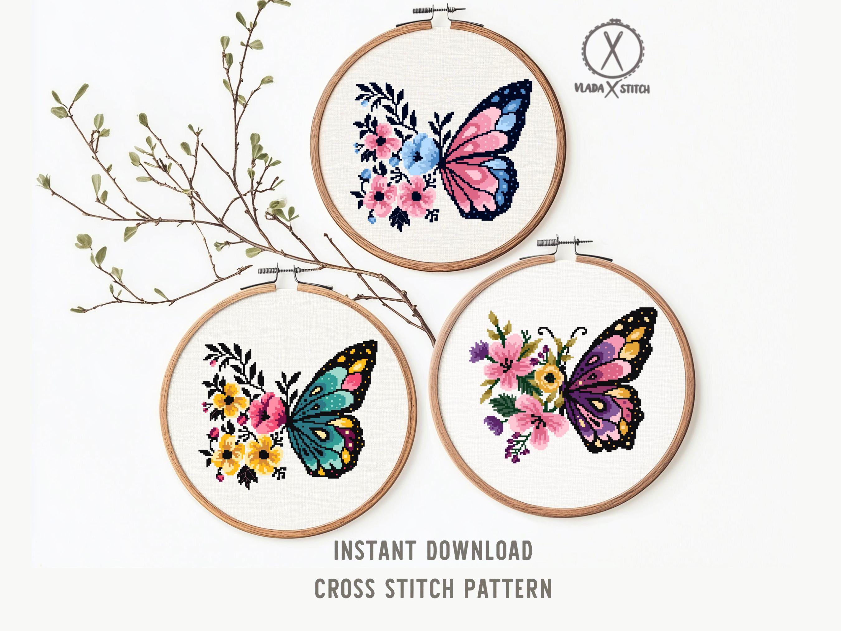 蝶の花の刺繍デザイン、簡単モダンなクロスステッチ、DIYホーム