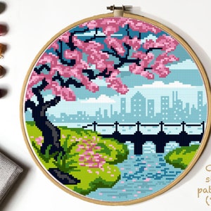 Landscape Modern Cross Stitch Pattern, flower tree cross stitch , city, river, nature cross stitch, hoop art, embroidery, instant PDF