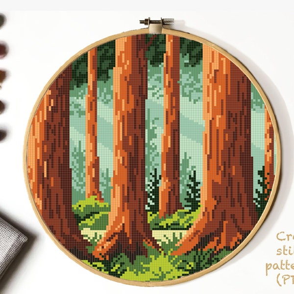 Redwood national park Modern Cross Stitch Pattern, nature counted cross stitch chart, landscape, cross stitch forest, instant PDF