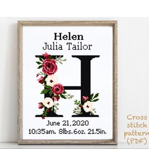 Patrón de punto de cruz moderno para anuncio de nacimiento, letra H, bebé, personalizado, decoración infantil para niño y niña, contado, gráfico, regalo DIY, PDF digital