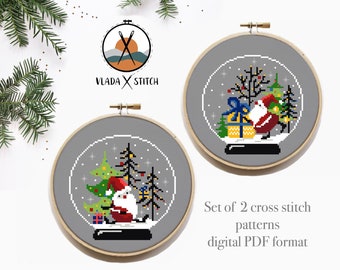 Set of 2 Christmas Santa Modern Cross Stitch Pattern, instant download pdf