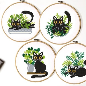 Set von 4 Katzen Modernes Kreuzstichmuster, Blumen Kreuzstichvorlage, Tier, botanische, Natur, sofort-Download PDF