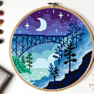 Landscape Modern Cross Stitch Pattern, nature counted cross stitch chart, night sky, mountain, round, embroidery, INSTANT DOWNLOAD PDF