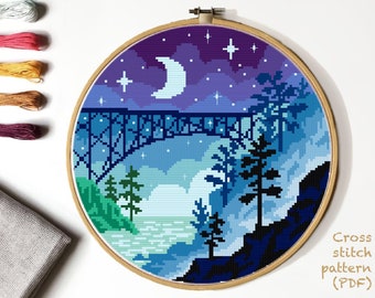 Landscape Modern Cross Stitch Pattern, nature counted cross stitch chart, night sky, mountain, round, embroidery, INSTANT DOWNLOAD PDF