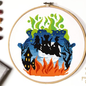 Halloween  Modern Cross Stitch Pattern, witch cross stitch chart, landscape,castle,nature, round, embroidery, INSTANT DOWNLOAD PDF