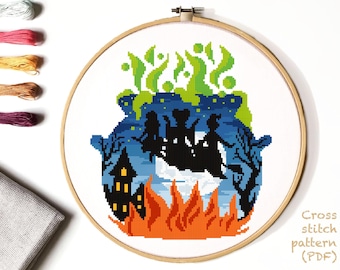 Halloween  Modern Cross Stitch Pattern, witch cross stitch chart, landscape,castle,nature, round, embroidery, INSTANT DOWNLOAD PDF