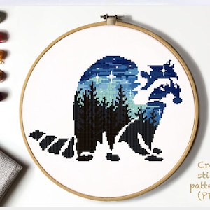 Raccoon Modern Cross Stitch Pattern, easy counted cross stitch chart, animal cross stitch, nature, hoop art, instant download PDF