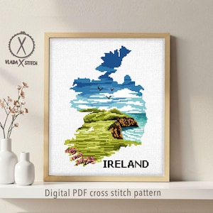 Ireland Map Cross Stitch Pattern, Irish Landscape DIY Embroidery Design (PDF Pattern)