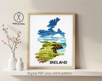 Ireland Map Cross Stitch Pattern, Irish Landscape DIY Embroidery Design (PDF Pattern)