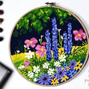 Watercolor nature Modern Cross Stitch Pattern, flowers counted cross stitch chart, landscape cross stitch, hoop art, embroidery, instant PDF