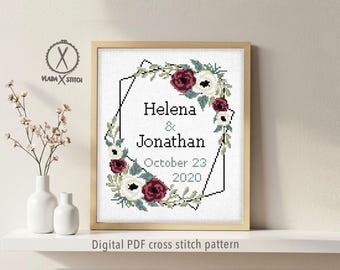 Patrón de punto de cruz para corona floral de boda, DIY personalizado (PDF digital)