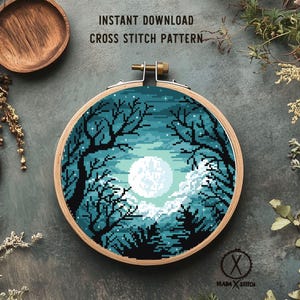 Nacht Himmel Mond Kreuzstich Muster, Sternenhimmel Waldlandschaft (PDF Download)