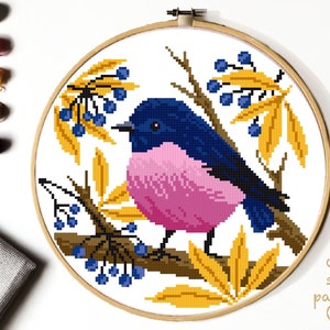Bird Modern Cross Stitch Pattern, easy counted cross stitch chart, animal cross stitch, Flowers, nature, hoop art, instant download PDF