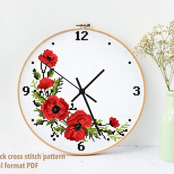 Clock Modern Cross stitch pattern, cross stitch flowers, nature, instant download pdf