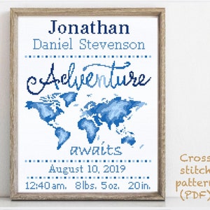 Birth announcement modern cross stitch pattern, baby, personalized, boy girl nursery decor, counted, chart, gift DIY, digital PDF