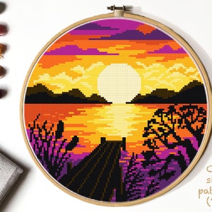 Sonnenuntergang Kreuzstichmuster, Landschaft, Berg, See, rund, Stickerei, SOFORTIGER DOWNLOAD PDF