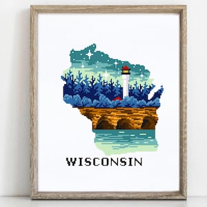 Wisconsin state Modern Cross Stitch Pattern, nature counted cross stitch, lighthouse, Apostle Islands National Lakeshore, river, instant PDF