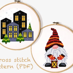Christmas gnome and house Modern Cross Stitch Pattern, easy cross stitch chart,  nature cross stitch, Instant download PDF